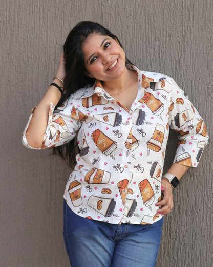 White and Beige Coffee Printed Shirt 3/4