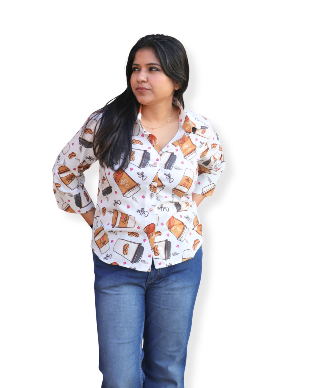 White and Beige Coffee Printed Shirt 3/4
