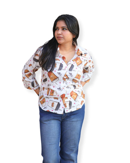 White and Beige Coffee Printed Shirt 3/4