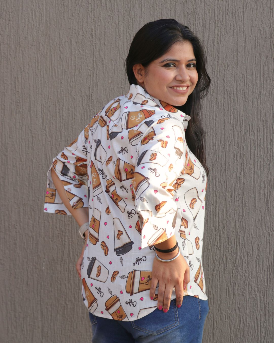 White and Beige Coffee Printed Shirt 3/4