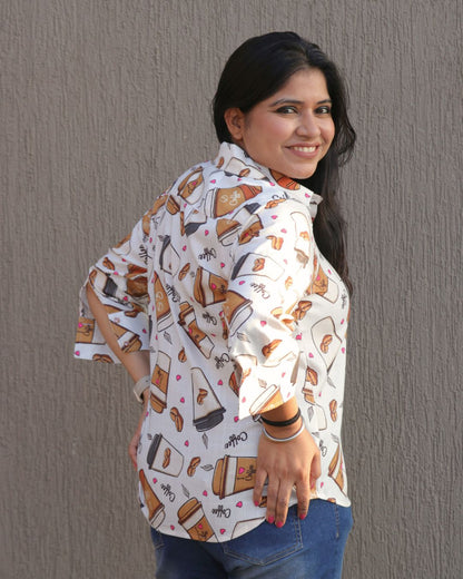White and Beige Coffee Printed Shirt 3/4