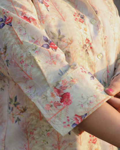Beige and Red Floral Printed Shirt 3/4