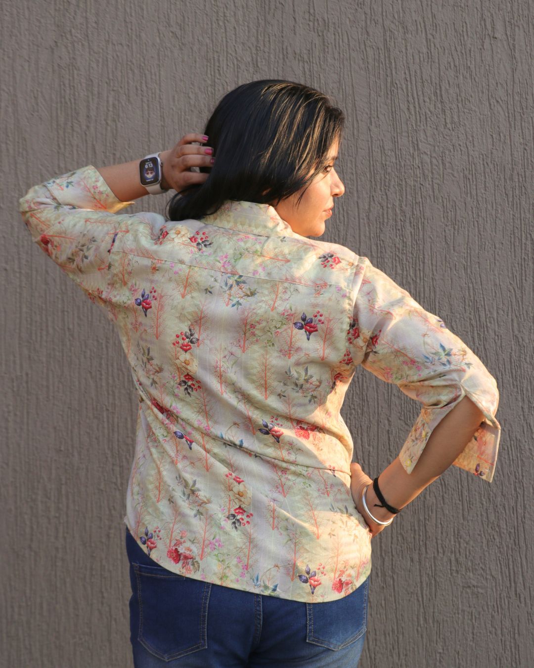 Beige and Red Floral Printed Shirt 3/4