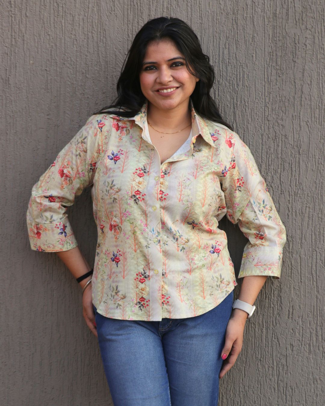 Beige and Red Floral Printed Shirt 3/4