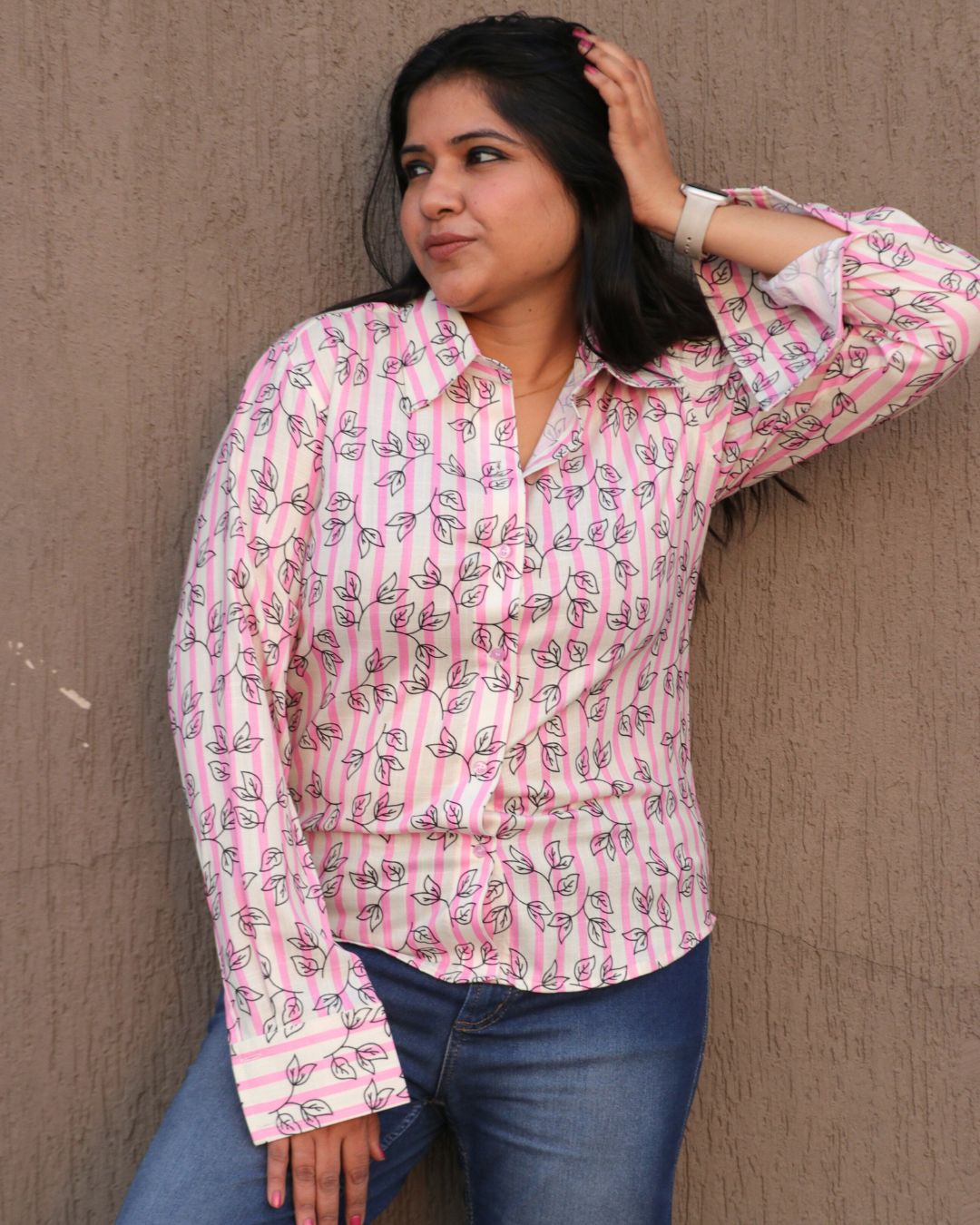 White and Pink Stripes Printed Shirt