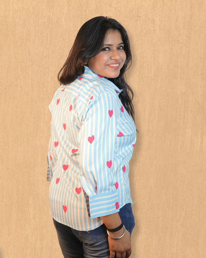 Blue and White Heart Floral Printed Shirt 3/4