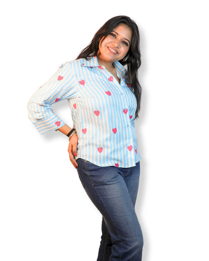 Blue and White Heart Floral Printed Shirt 3/4
