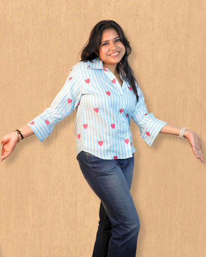 Blue and White Heart Floral Printed Shirt 3/4