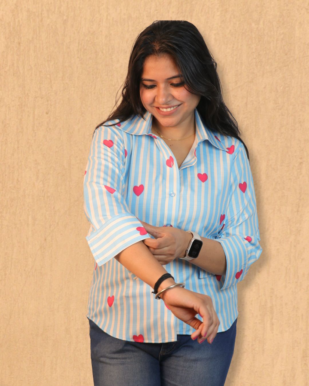 Blue and White Heart Floral Printed Shirt 3/4