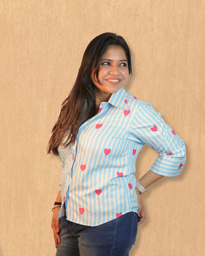 Blue and White Heart Floral Printed Shirt 3/4