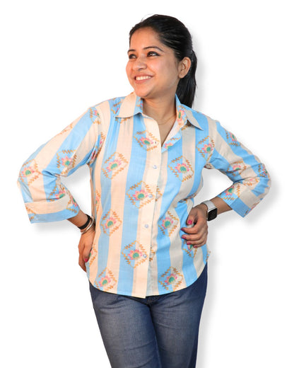 Blue and Off White Heart Floral Printed Shirt 3/4