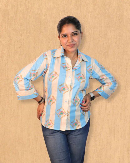 Blue and Off White Heart Floral Printed Shirt 3/4