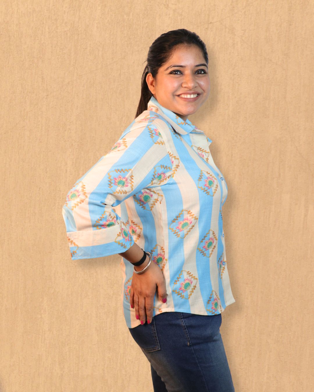 Blue and Off White Heart Floral Printed Shirt 3/4