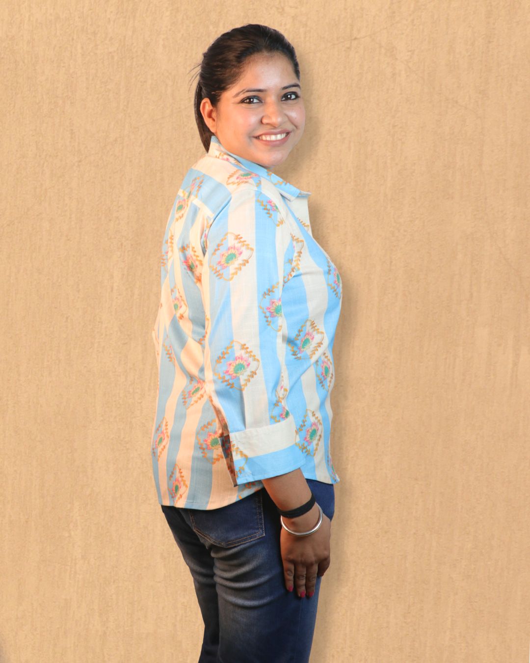 Blue and Off White Heart Floral Printed Shirt 3/4