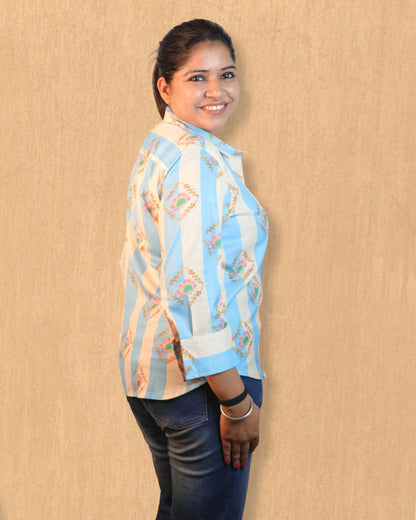 Blue and Off White Heart Floral Printed Shirt 3/4