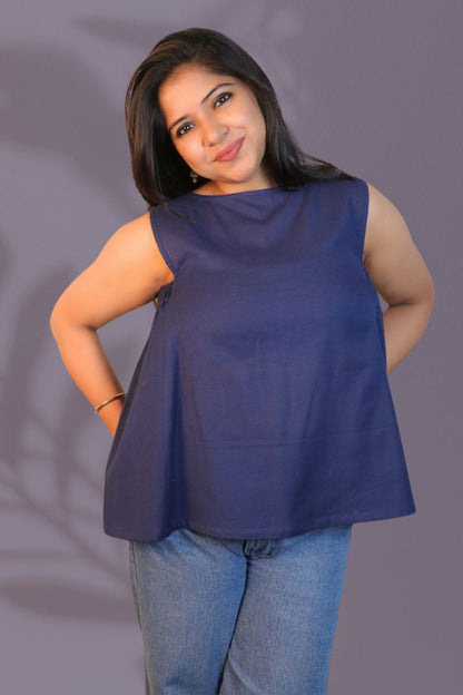 Maavish Blue Sleeveless Top with Side Smocking & Flared Hem