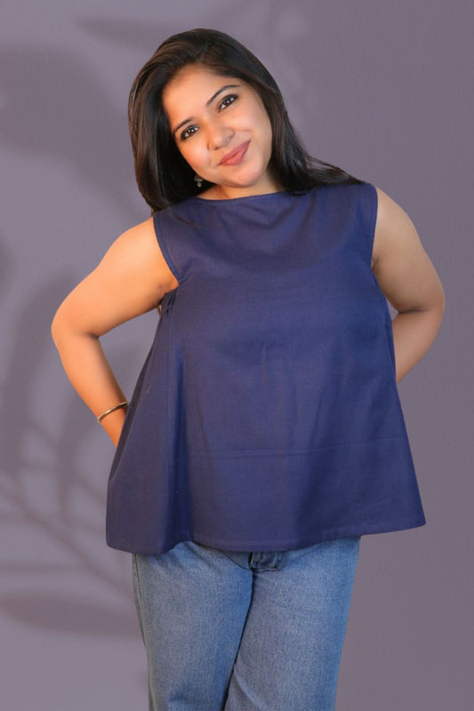 Maavish Blue Sleeveless Top with Side Smocking & Flared Hem