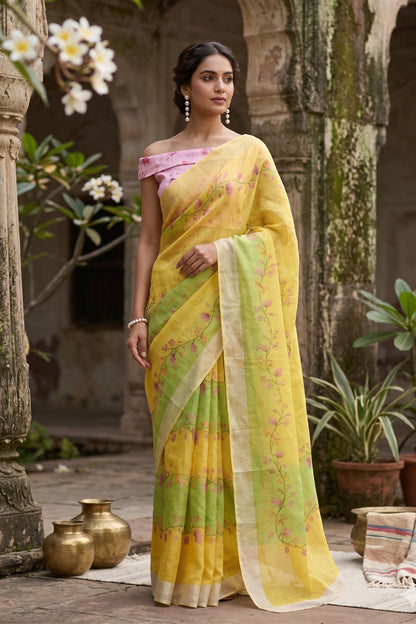 Maavish | Digital Floral Print Poly-Linen Saree Lemon