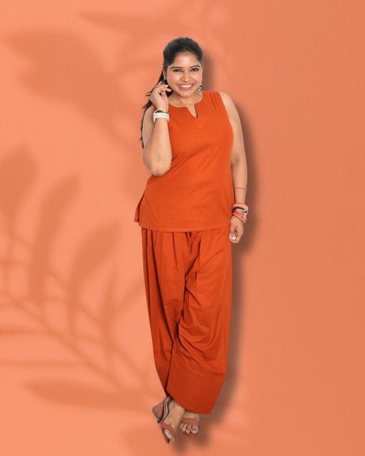 Solid Orange Sleeveless Kurti  Pharsi Pant Set