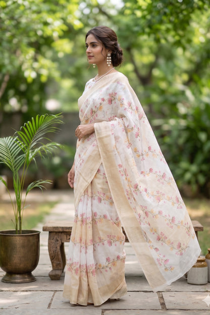 Maavish | Digital Floral Print Poly-Linen Saree White and Beige