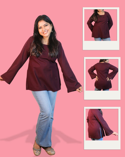 Solid Wine Bell Sleeve Short Kurta