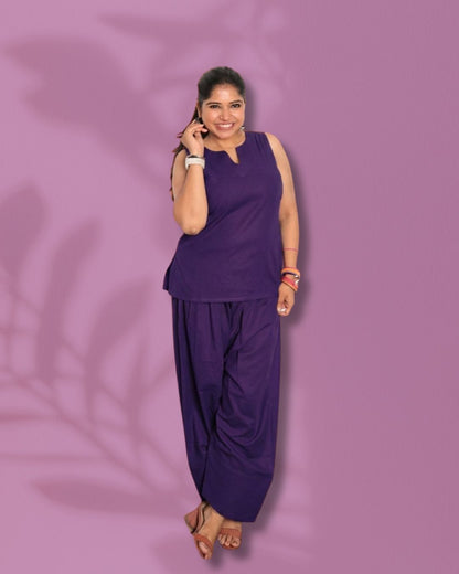 Solid Purple Sleeveless Kurti  Pharsi Pant Set