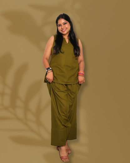 Solid Olive Green Sleeveless Pharsi Pant Kurti Set