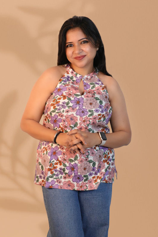 Maavish Women Multi Color Floral Printed Halter Neck Top with Tie-Up