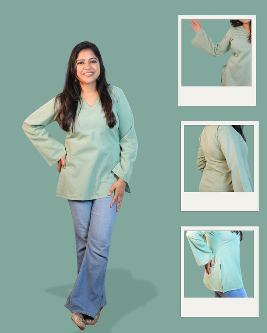Solid Matt Green Bell Sleeve Short Kurta