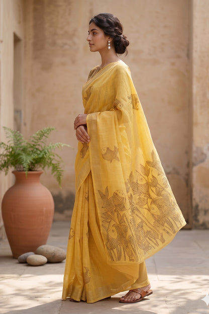 Maavish | Kalamkari-Inspired Digital Fish Print Poly-Linen Saree Yellow