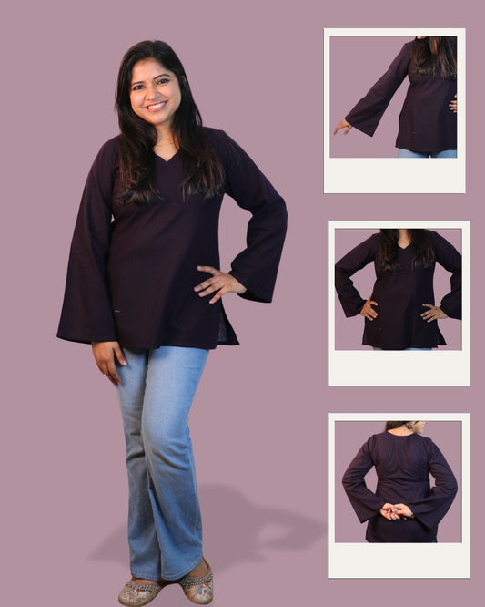 Solid Dark Purple Bell Sleeve Short Kurta