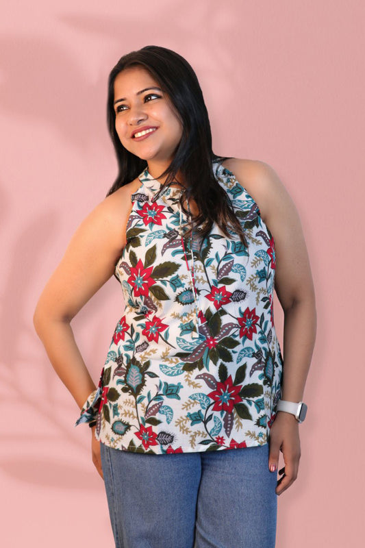 Maavish Women Off-White & Red Floral Printed Halter Neck Top with Tie-Up
