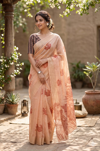 Maavish | Kalamkari-Inspired Digital Fish Print Poly-Linen Saree Red