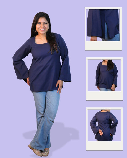 Solid Navy Blue Bell Sleeve Short Kurta