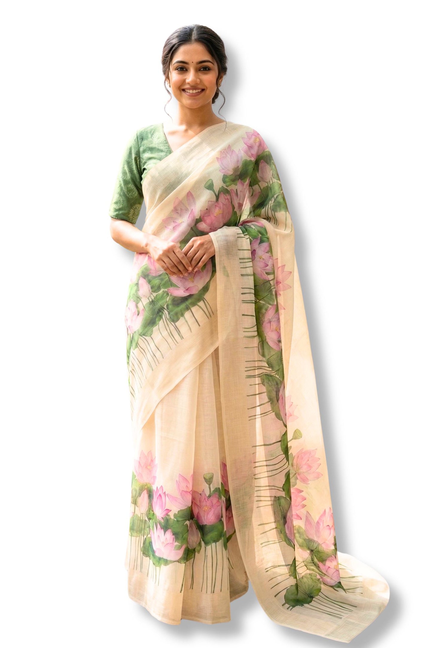 Maavish | Digital Lotus Print Poly-Linen Saree Beige