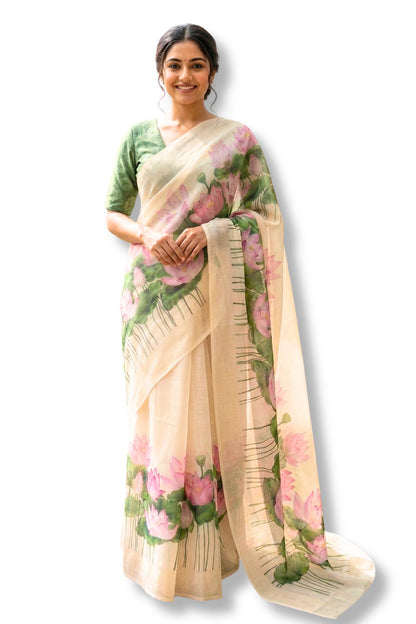 Maavish | Digital Lotus Print Poly-Linen Saree Beige