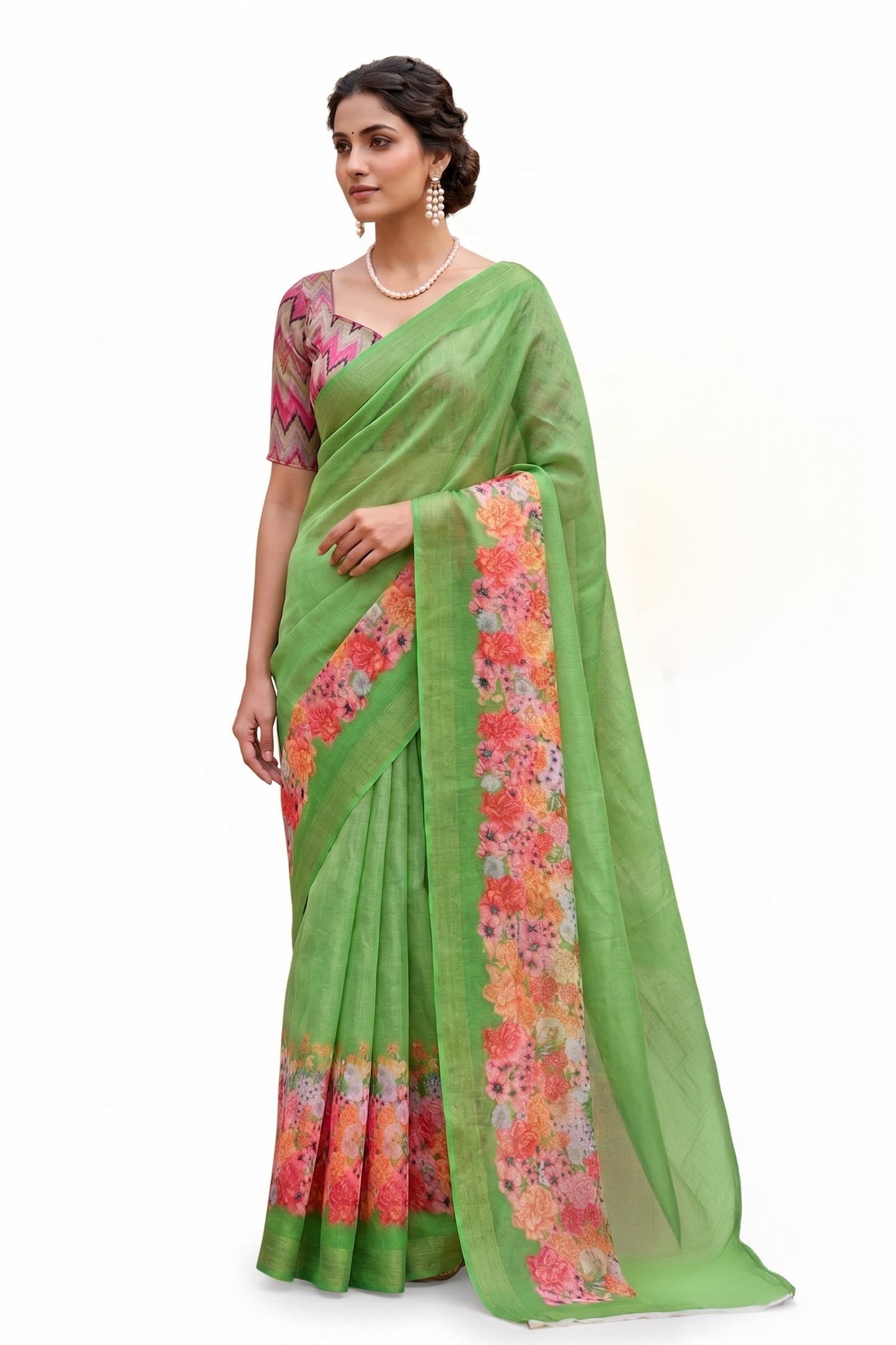 Maavish | Digital Floral Print Poly-Linen Saree Green