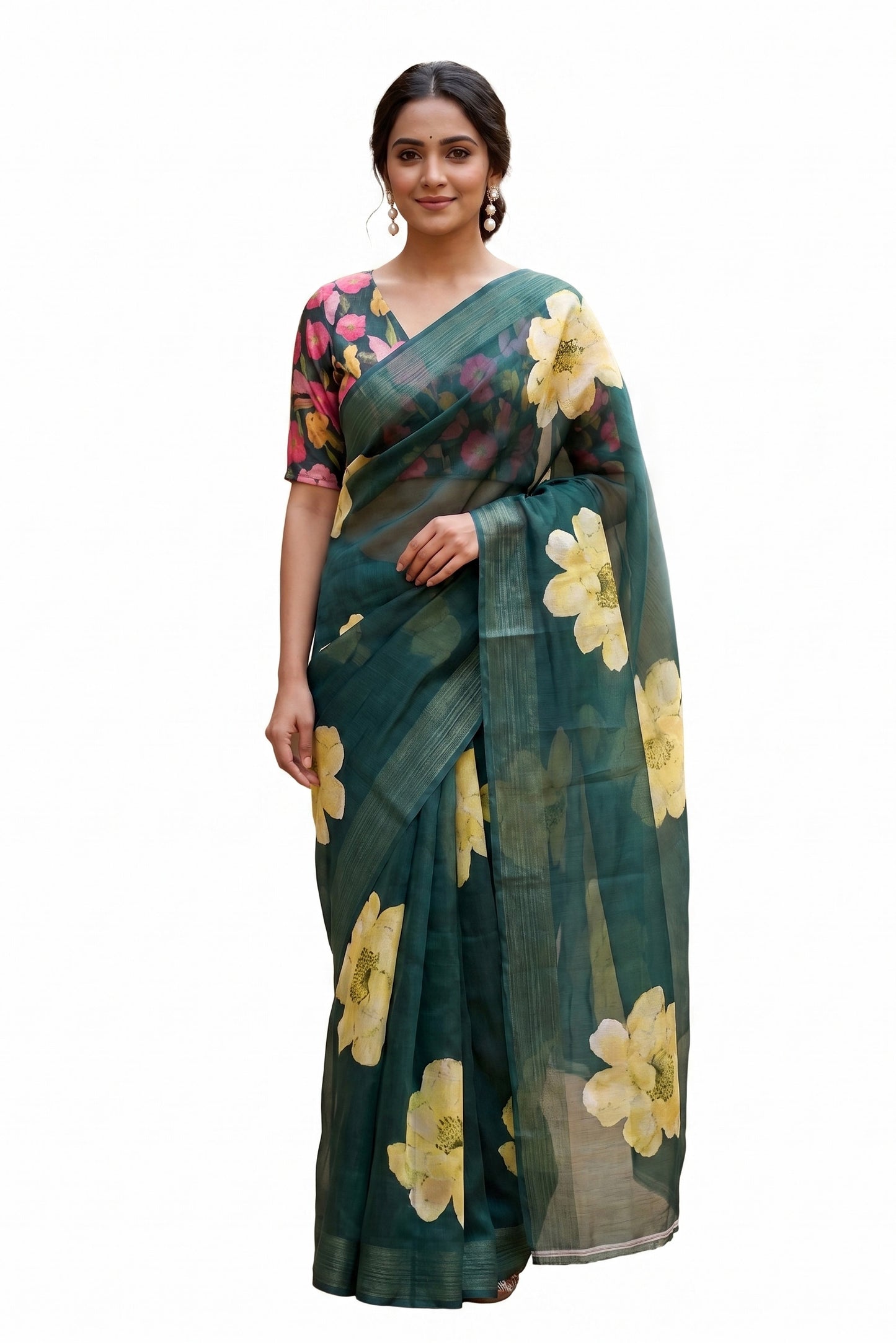 Maavish | Digital Floral Print Poly-Linen Saree Green