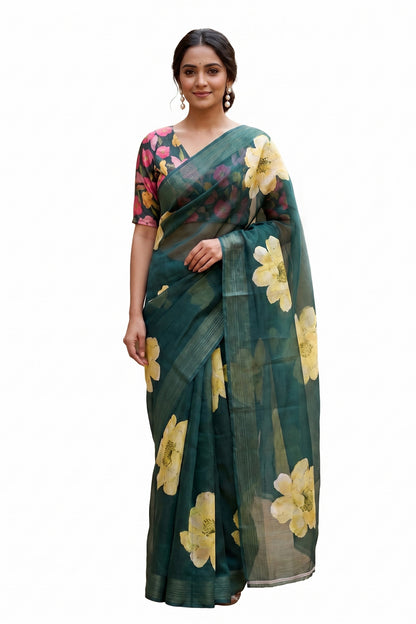 Maavish | Digital Floral Print Poly-Linen Saree Green