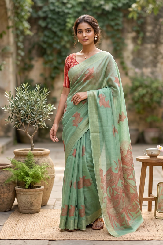 Maavish | Kalamkari-Inspired Digital Fish Print Poly-Linen Saree Green and Red