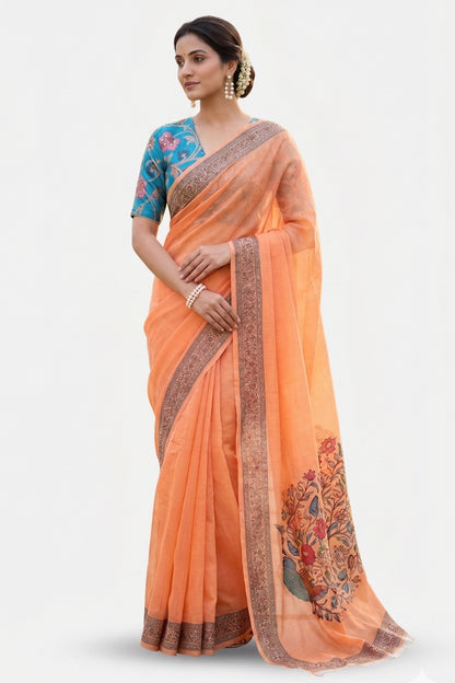 Maavish | Regal Peacock Digital Print Poly-Linen Saree Orange