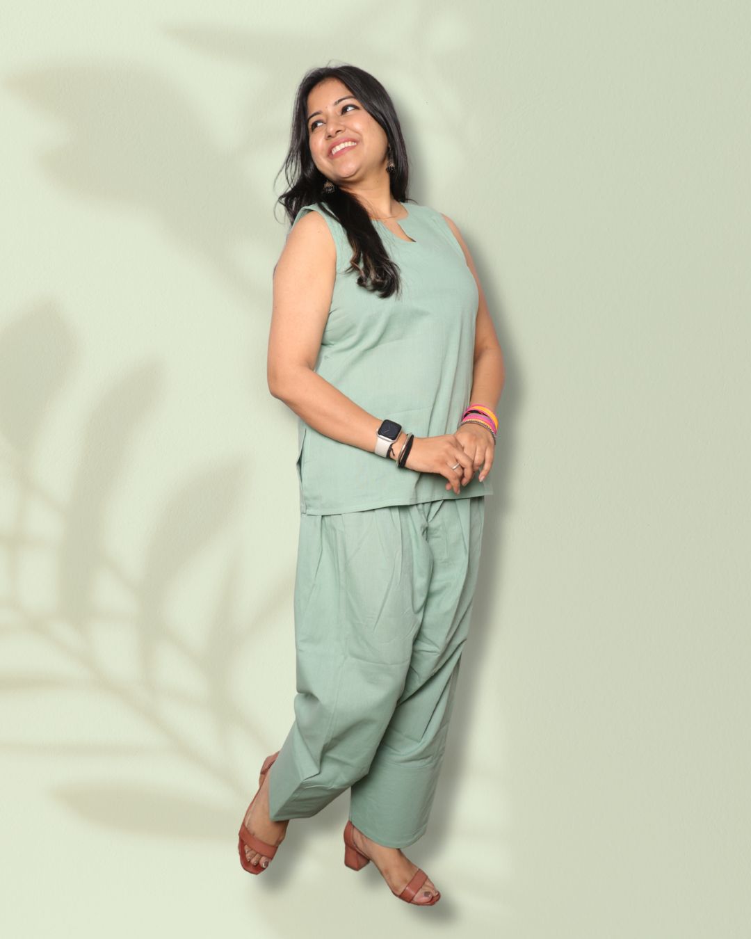 Solid Matt Green Sleeveless Pharsi Pant Kurti Set