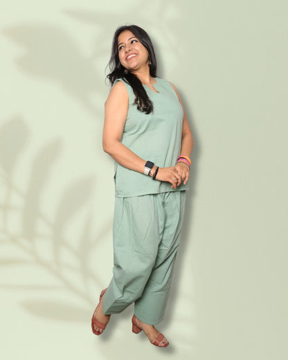 Solid Matt Green Sleeveless Pharsi Pant Kurti Set