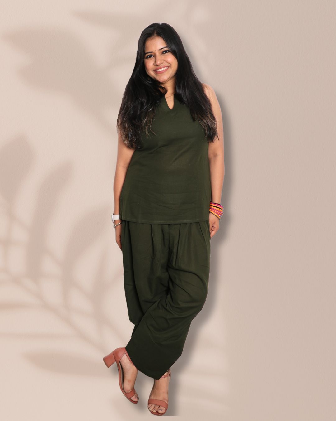 Solid Teal Green Sleeveless Kurti  Pharsi Pant Set