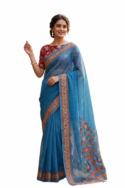 Maavish | Regal Peacock Digital Print Poly-Linen Saree Blue
