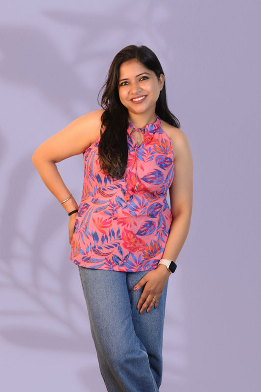 Maavish Women Pink & Blue Floral Printed Halter Neck Top with Tie-Up