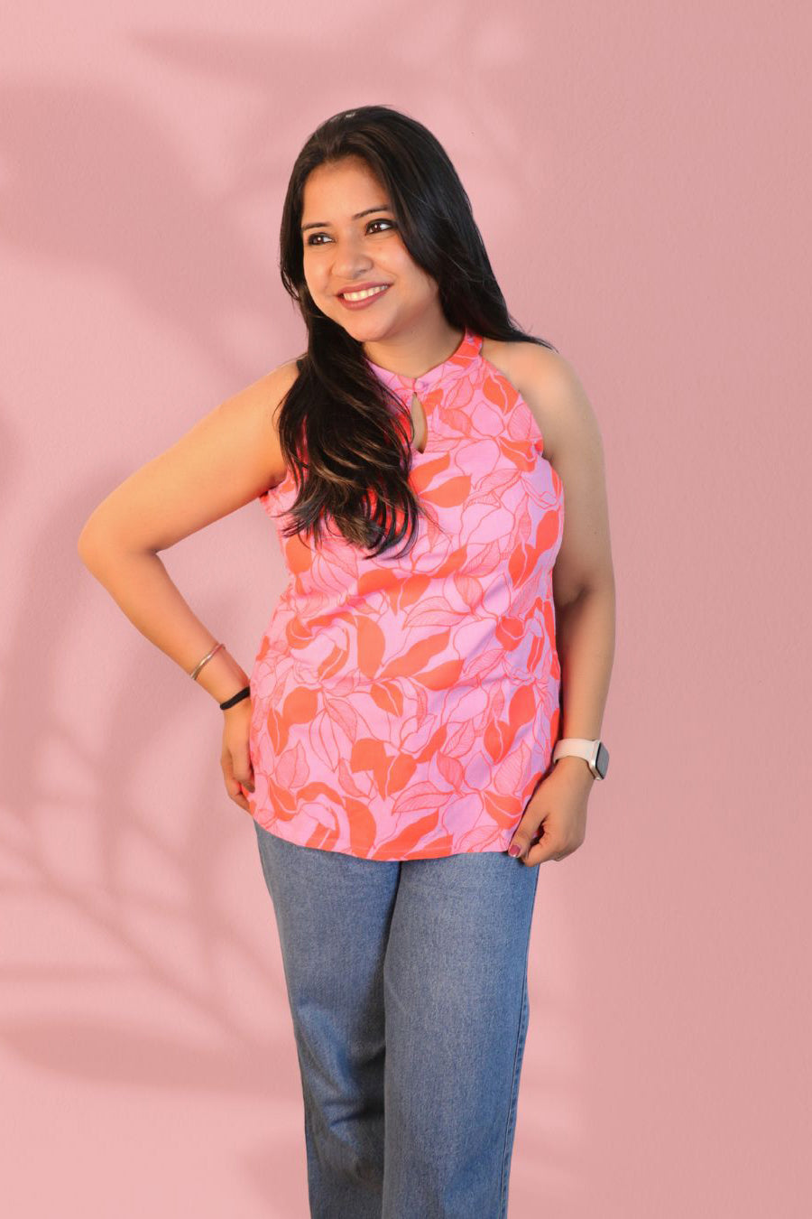 Maavish Women Pink and Orange Floral Printed Halter Neck Top with Tie-Up