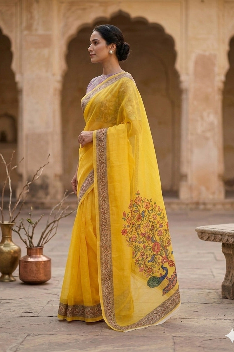 Maavish | Regal Peacock Digital Print Poly-Linen Saree Yellow