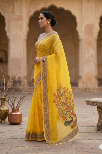 Maavish | Regal Peacock Digital Print Poly-Linen Saree Yellow