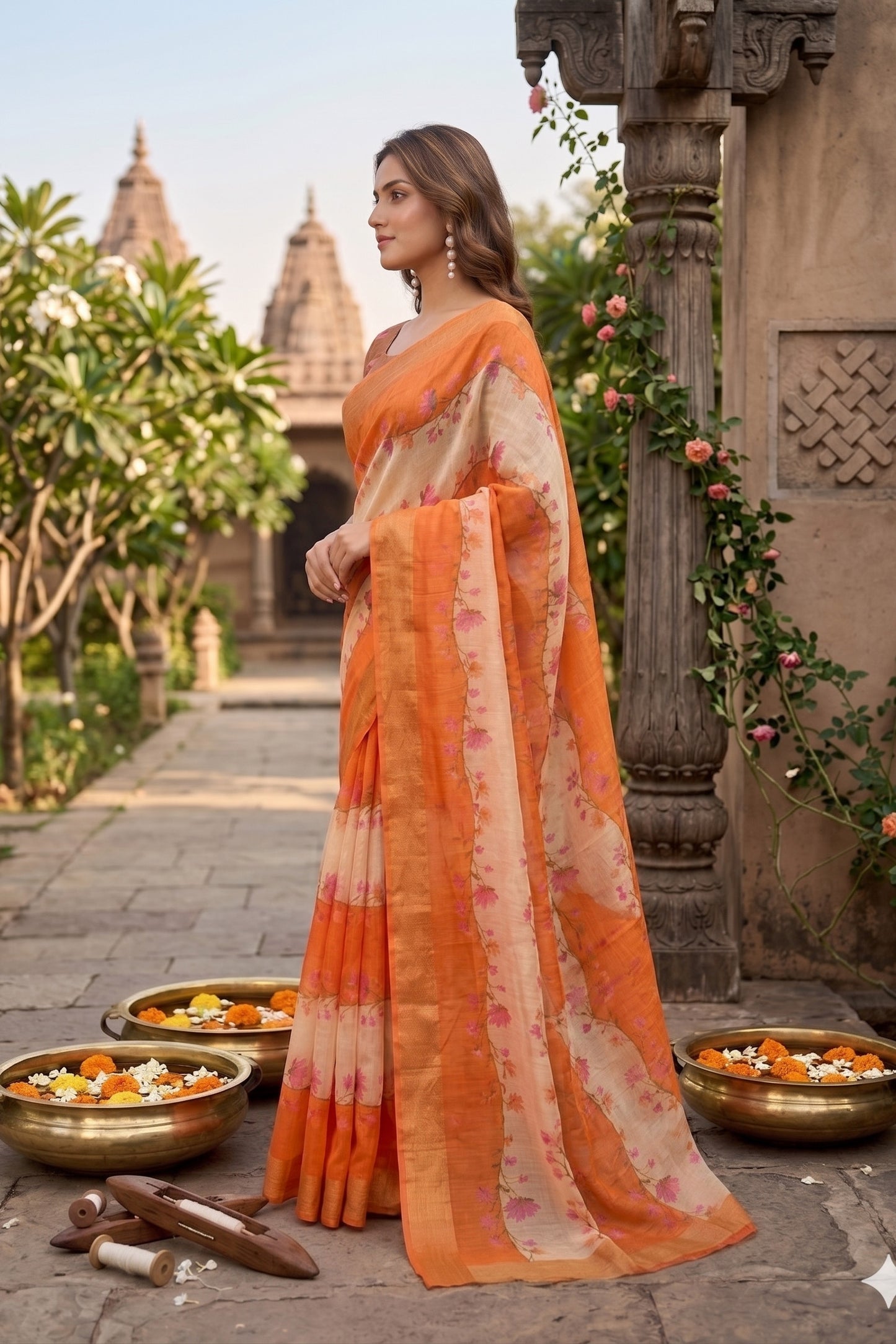 Maavish | Digital Floral Print Poly-Linen Saree Orange